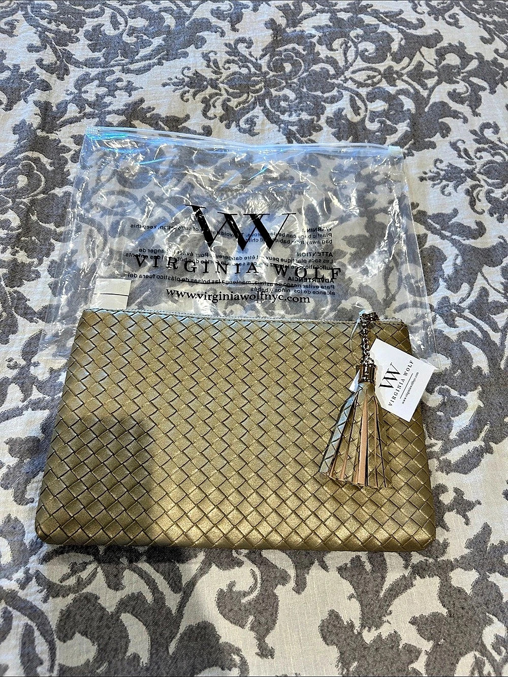 Virginia Wolf Mimi Woven Pouch Clutch in Gold NWT